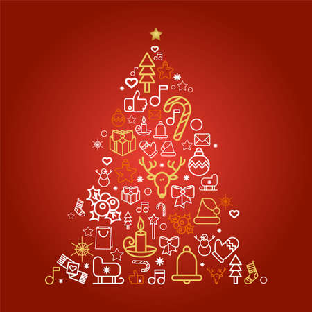 Christmas tree silhouette with holiday linear icons. Greeting card fir tree with festive decorationsのイラスト素材
