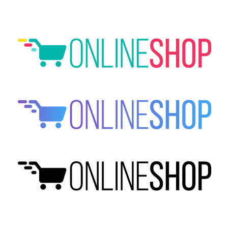 Online shop color vector lettering. Internet store typography with shopping cart isolated clipartsのイラスト素材