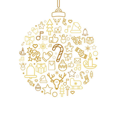 Bauble silhouette with Xmas holiday linear icons. Christmas ball with isolated festive decorationsのイラスト素材