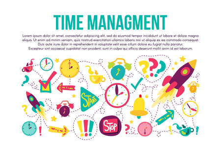 Time management stitched frame flat illustrations set. Dash line drawings with lettering, copyspaceのイラスト素材