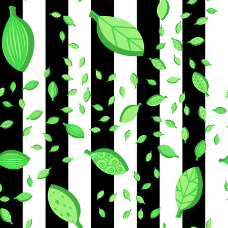 Green stylized leaves seamless vector pattern. Spring ornate falling foliage striped backgroundのイラスト素材