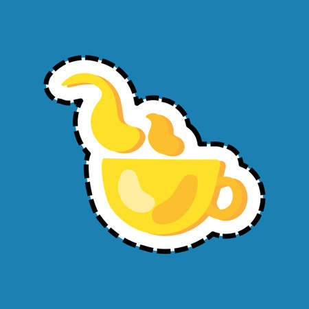 Cup dash line flat color sticker. Hand drawn hot drink. Mug with steam stitched frame design elementのイラスト素材
