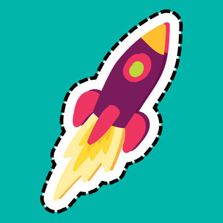 Rocket stitched frame flat sticker. Startup launch. Dash line spaceship hand drawn design elementのイラスト素材