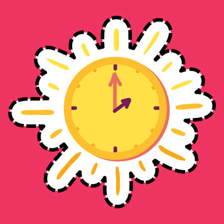 Sun clock stitched frame flat color sticker. Dash line clock. Watch hand drawn vector design element