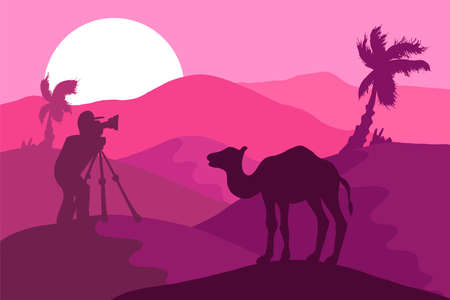 Wildlife, nature photographer flat vector illustration. Minimalistic landscape with camel silhouetteのイラスト素材