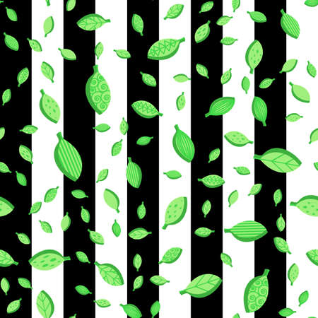 Green falling stylized leaves color seamless vector pattern. Flat green ornate foliage background
