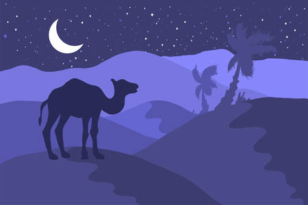 Desert night landscape with camel silhouette flat illustration. Wildlife minimalistic backgroundのイラスト素材
