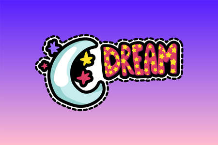 Moon, stars with dream lettering patch. Bedtime stitched frame flat sticker. Dash line drawingのイラスト素材