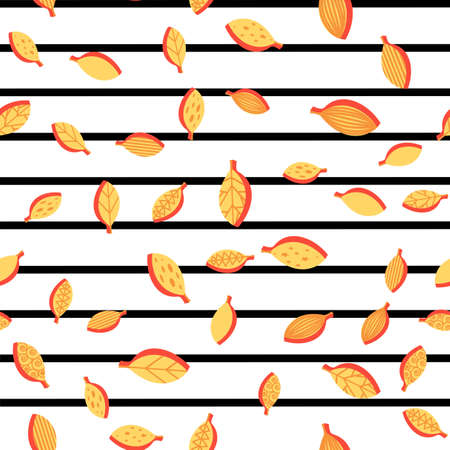 Autumn stylized leaves color seamless vector pattern. Flat orange foliage fall striped backgroundのイラスト素材