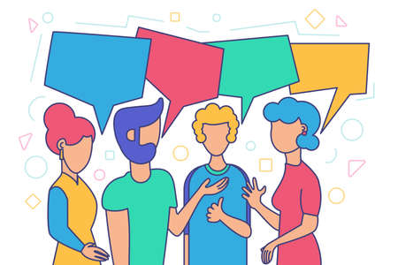 Friendly conversation, friends meeting. Cartoon people hand drawn illustration. Empty speech bubbles