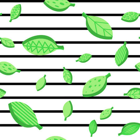 Spring stylized leaves flat, seamless vector pattern. Flat green ornate falling foliage background