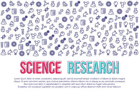 Scientific research banner vector template. Study, lab test, analysis poster with linear iconsのイラスト素材