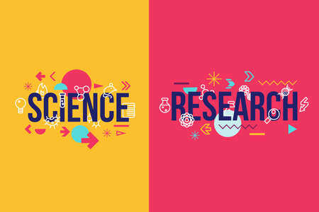 Science and research word concept banner design. Scientific lab study lettering and abstract symbolsのイラスト素材