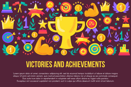 Victories and achievements flat banner template. Competition hand drawn poster with text spaceのイラスト素材