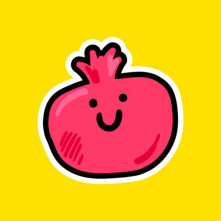 Happy pomegranate cartoon vector illustration. Isolated fruit character, dash line sticker, patchのイラスト素材