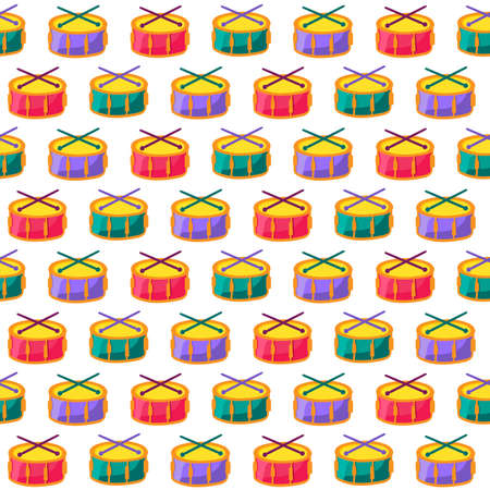 Drums with sticks flat vector seamless pattern. Musical instruments cartoon background, textureのイラスト素材