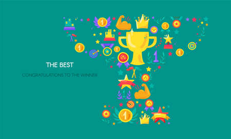Sport achievement, victory vector banner. Trophy shape with flat symbols. Success, triumph