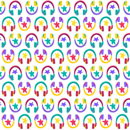 Headphones flat vector seamless pattern. Listening to music. Earphones cartoon color backgroundのイラスト素材