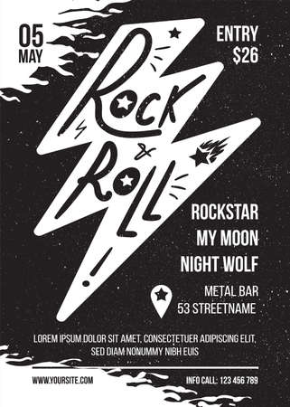 Rock and Roll Black White Vector Banner Design for Music Concert. Lightning Retro Print Poster for Musician. Advertising Print Leaflet Template with Text for Event. Creative Cover Backgroundのイラスト素材