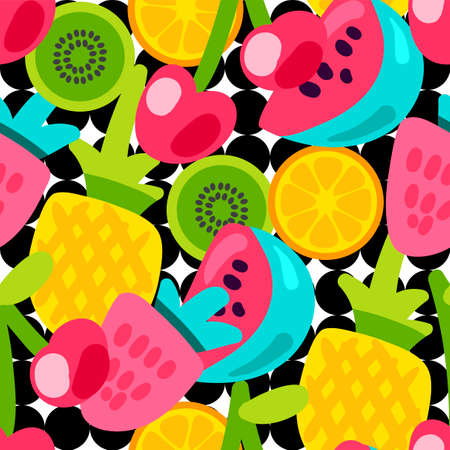Fruits color seamless vector pattern. Doodle cherry, strawberry, pineapple stickers on circles