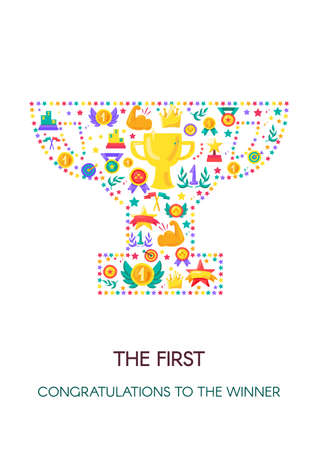 Sport success, triumph cartoon poster. Goblet shape with flat icons. Victory congratulationsのイラスト素材