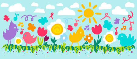 Flowers and birds flat vector illustration. Little chickens outdoor. Countryside, spring backgroundのイラスト素材
