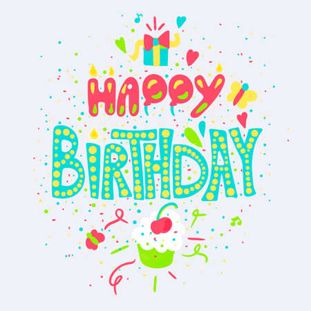 Happy Birthday hand drawn color lettering. Greeting card, poster, banner cartoon vector templateのイラスト素材