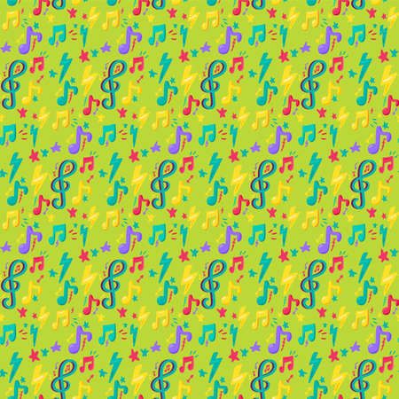 Colorful Design Musical Note Flat Seamless Pattern. Abstract Music Wallpaper on Green Background. Creative Sketch Flyer and Poster for Event for Print. Music Cartoon Texture Vector Illustrationのイラスト素材