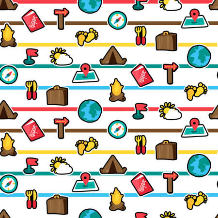 Summer vacation color seamless vector pattern. Tourism stickers. Hiking, camping striped backgroundのイラスト素材