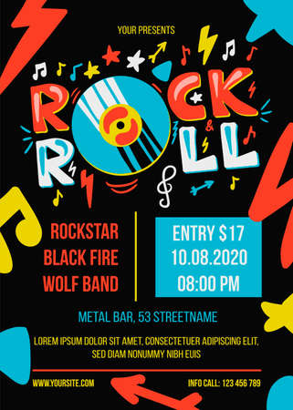 Rock and roll party vector poster template. Entertainment event web banner. Music concert brochureのイラスト素材