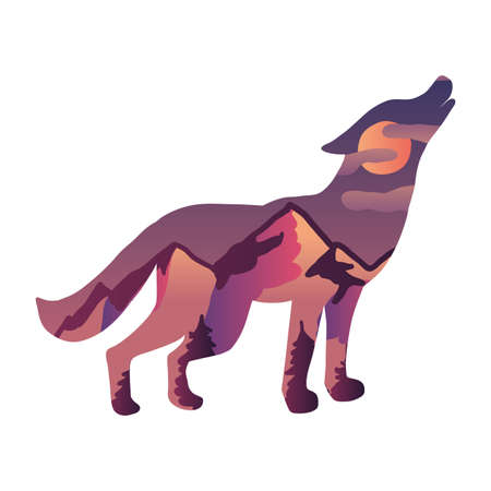 Howling wolf on moon vector illustration. Wild animal silhouette with sunset scenery, mountain hillsのイラスト素材
