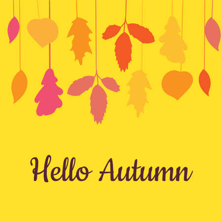 Hello Autumn Decorated Hand Drawn Hanging Leaves Isolated on Yellow Background Banner. Calligraphy Text and Maple, Birch and Oak Leaf. Decorative Season Theme Poster Template Vector Flat Illustrationのイラスト素材