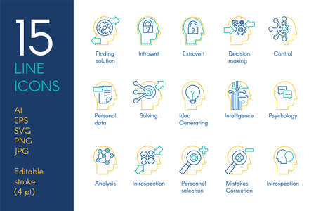 Mental activity color linear icons set. Analytical thinking blue and yellow thin line pictogramsのイラスト素材