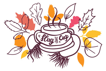Hand Drawn Mug with Hot Beverage Braided in Scarf Decorated Dry Leaves Banner. Calligraphy Text Slug in Cup and Colored Leaf. Autumn Theme Stylish Poster Concept Layout Vector Flat Illustrationのイラスト素材