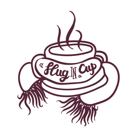 Hand Drawn Mug with Hot Beverage Braided Scarf Banner. Calligraphy Text Slug in Cup and Morning Drink with Steam.のイラスト素材