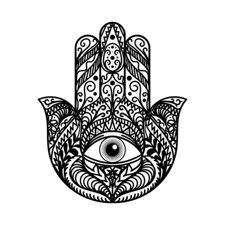 Beautiful Hamsa Hand Tradition Amulet Monochrome Isolated on White Background. Religious Sign with All Seeing Eye.