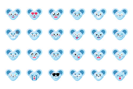 Mouse face flat vector emoticons set. Rats positive, negative facial expressions emoji stickers packのイラスト素材