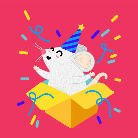 Mouse in gift box cartoon vector illustration. Xmas funny rat postcard. Year 2020 symbolのイラスト素材