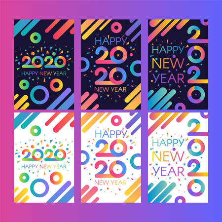Collection 2020 Happy New Year Card Banner Set. Multicolored Numbers Two Thousand Twenty, Seasonal Calendar, Greeting Postcards. Vertical Poster Christmas Annonce Vector Flat Cartoon Illustrationsのイラスト素材