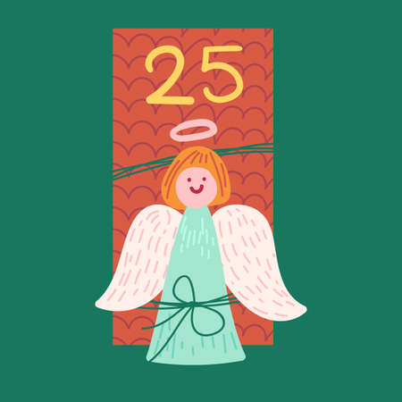 Christmas gift with angel flat vector illustration. New year package top viewのイラスト素材