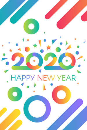 2020 Happy New Year Colorful Congratulation Banner. Multicolored Numbers Two Thousand Twenty with Wishes Decorated Confetti. Christmas Vertical Poster on Festival Vector Flat Cartoon Illustrationのイラスト素材