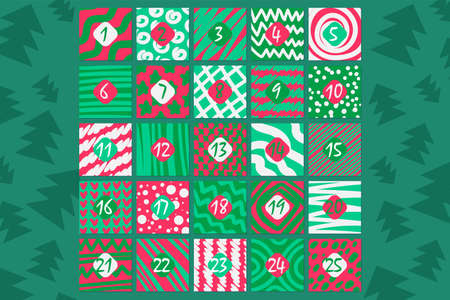 December festive advent calendar flat vector illustration. Christmas countdown. Gift boxes setのイラスト素材