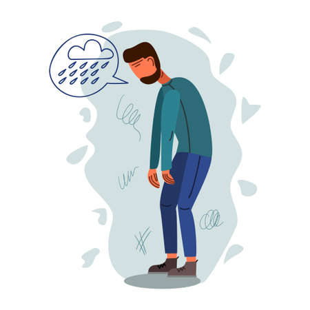Depressed young man flat vector illustration. Mental, psychological problem. Melancholy conceptのイラスト素材