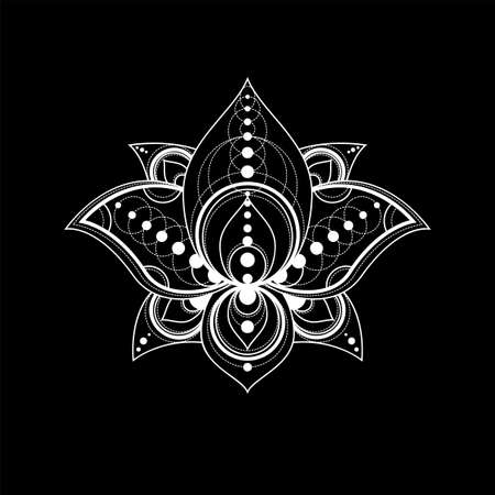 Lotus flower with geometric ornament vector linear illustration. Indian sacred outline symbolのイラスト素材