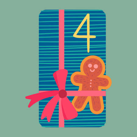 Christmas present from above flat vector illustration. Wrapped gift box with gingerbread cookieのイラスト素材