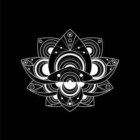 Lotus flower with geometric ornament vector linear illustration. Indian sacred outline symbolのイラスト素材