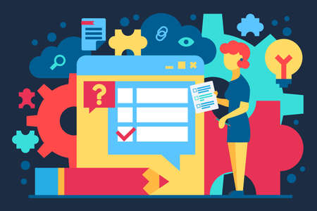 Character Woman Check Test in Internet Banner. Female with List Standing near Window Browser, Pencil and Lightbulb, Detail of Puzzle and Document File on Image. Vector Flat Cartoon Illustrationのイラスト素材