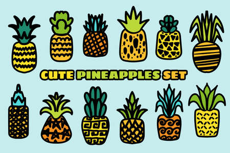 Pineapples vector hand drawn illustration set. Tropical fruits collection isolated on whiteのイラスト素材