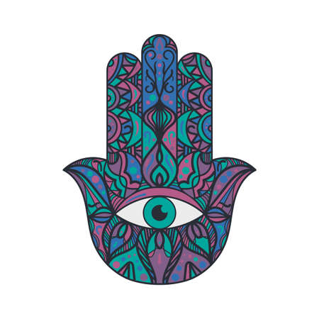 Hamsa Fatima Hand Tradition Talisman Colored Sign Isolated on White Background. Decorative Oriental Religious Element Symbol. Designed in Bohemian Style Template Vector Flat Illustrationのイラスト素材