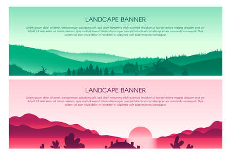 Landscape flat vector banner templates set. Scenic environment panorama illustration with text spaceのイラスト素材